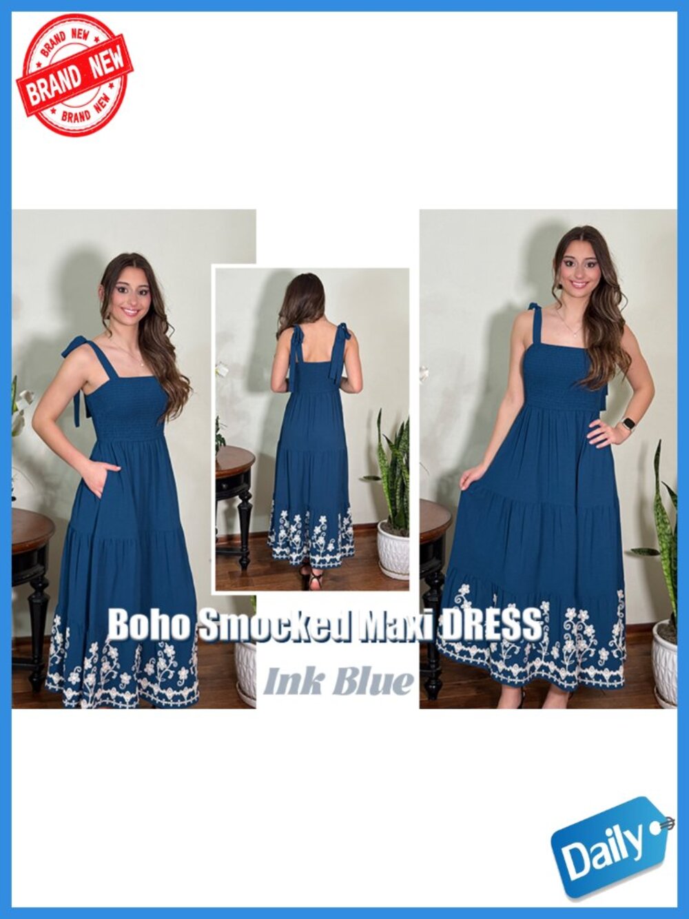 Smocked Spaghetti Strap Embroidery Maxi Dress with Pockets - Picture 6 of 6
